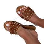 Gold & Brown Studded Beaded Sandals Size 7.5