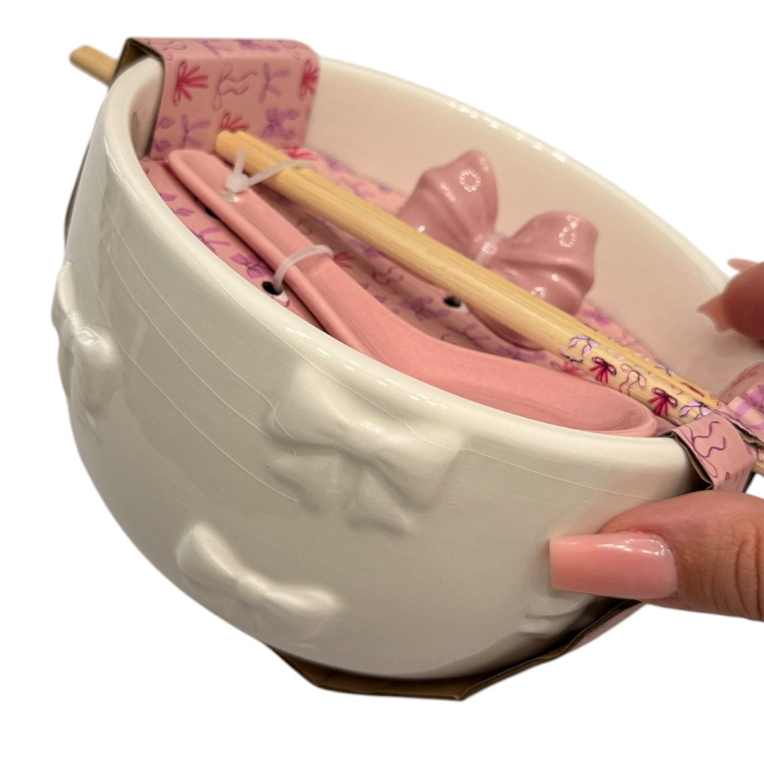 Pink Bow Ramen Noodle Bowl 4pc with Chopsticks & Spoon