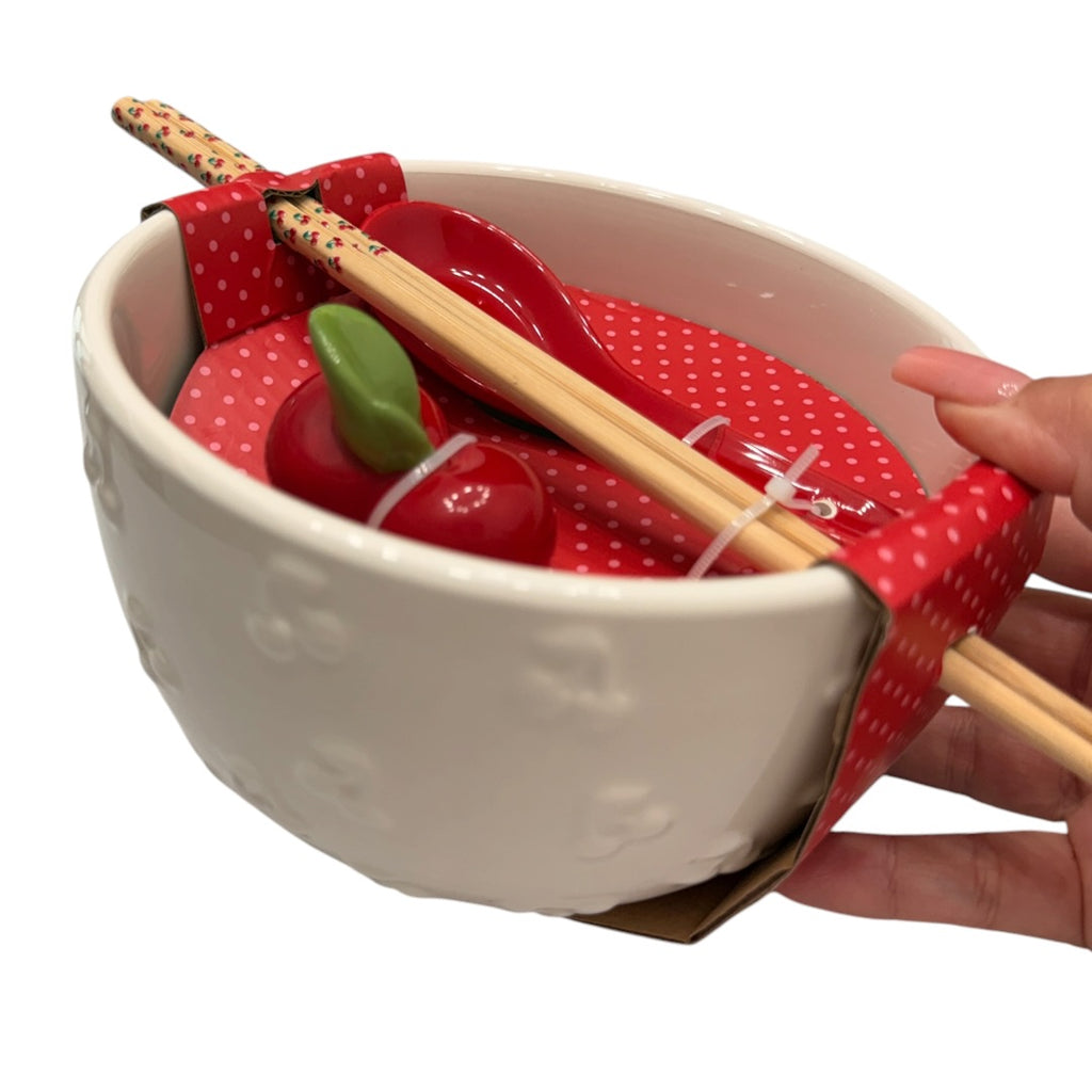 Cherry Ramen Noodle Bowl with Chopsticks & Spoon 4pc