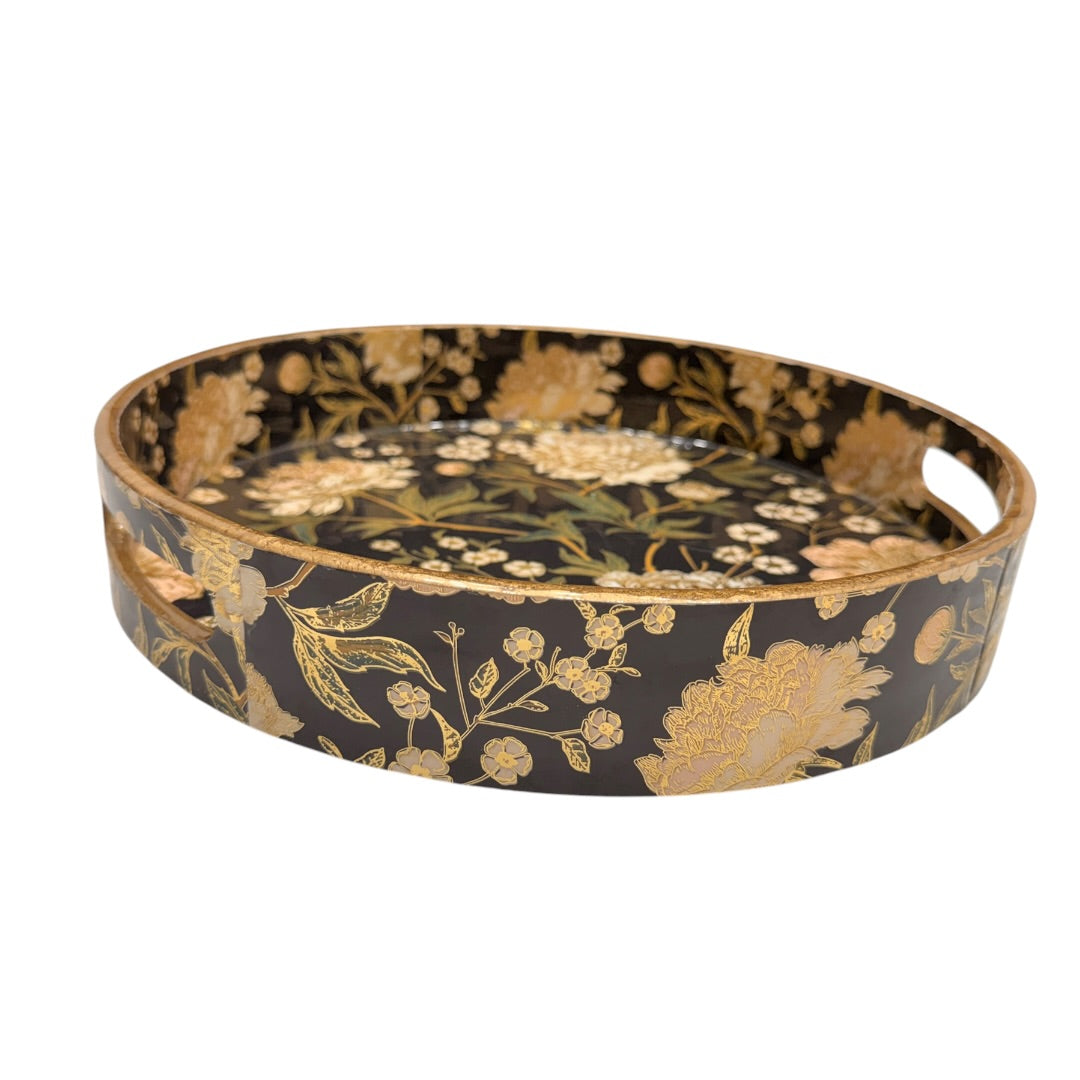 Black & Gold Floral Jewelry Holder Counter Decor Tray