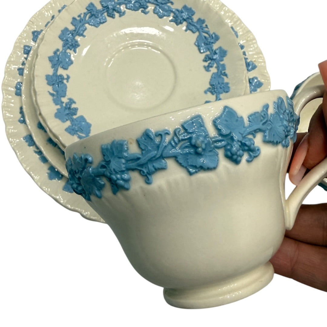 Wedgwood Blue & White Floral Queens Ware 9pc Set England