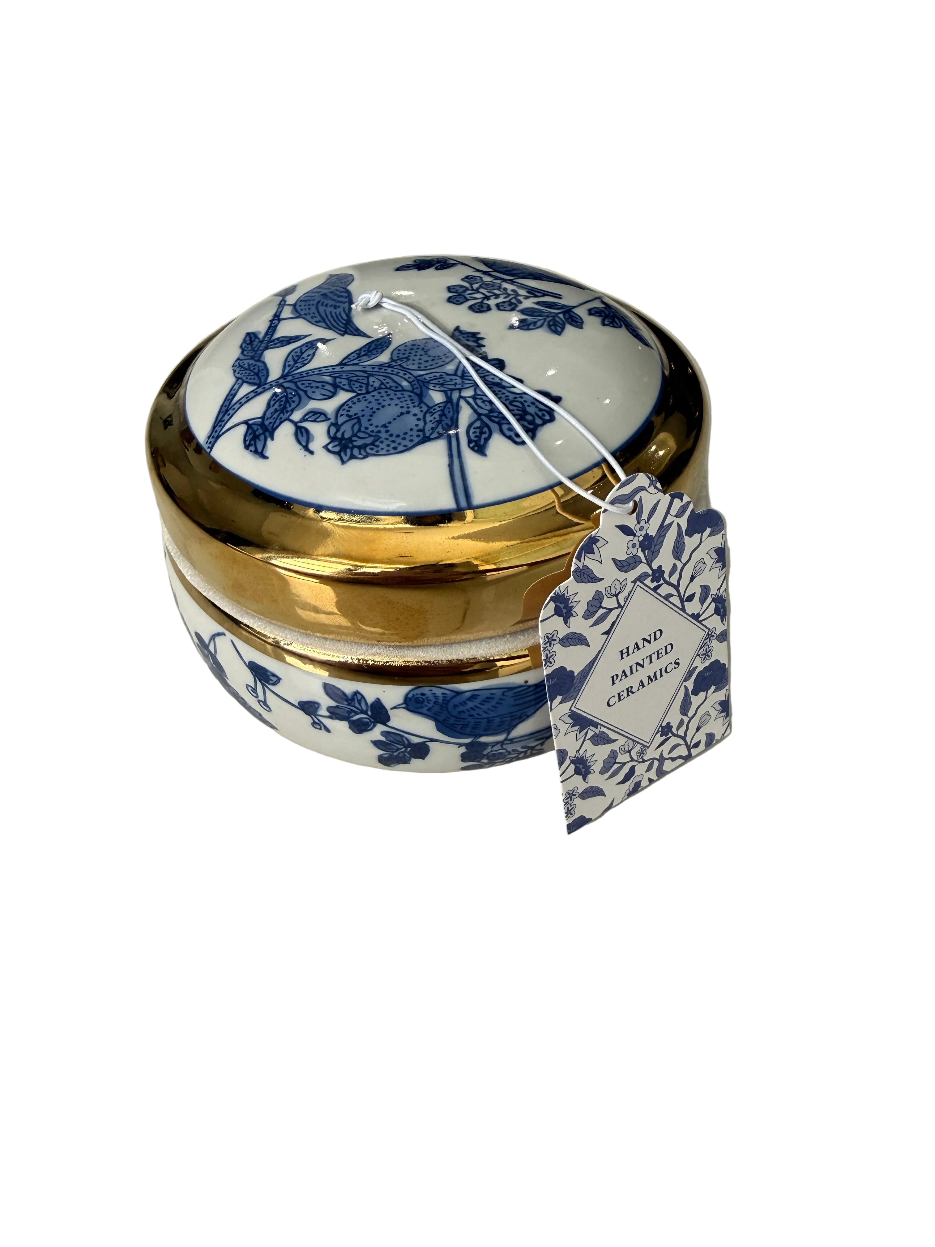 Bird Blue Ceramic Jewelry Jar Gold