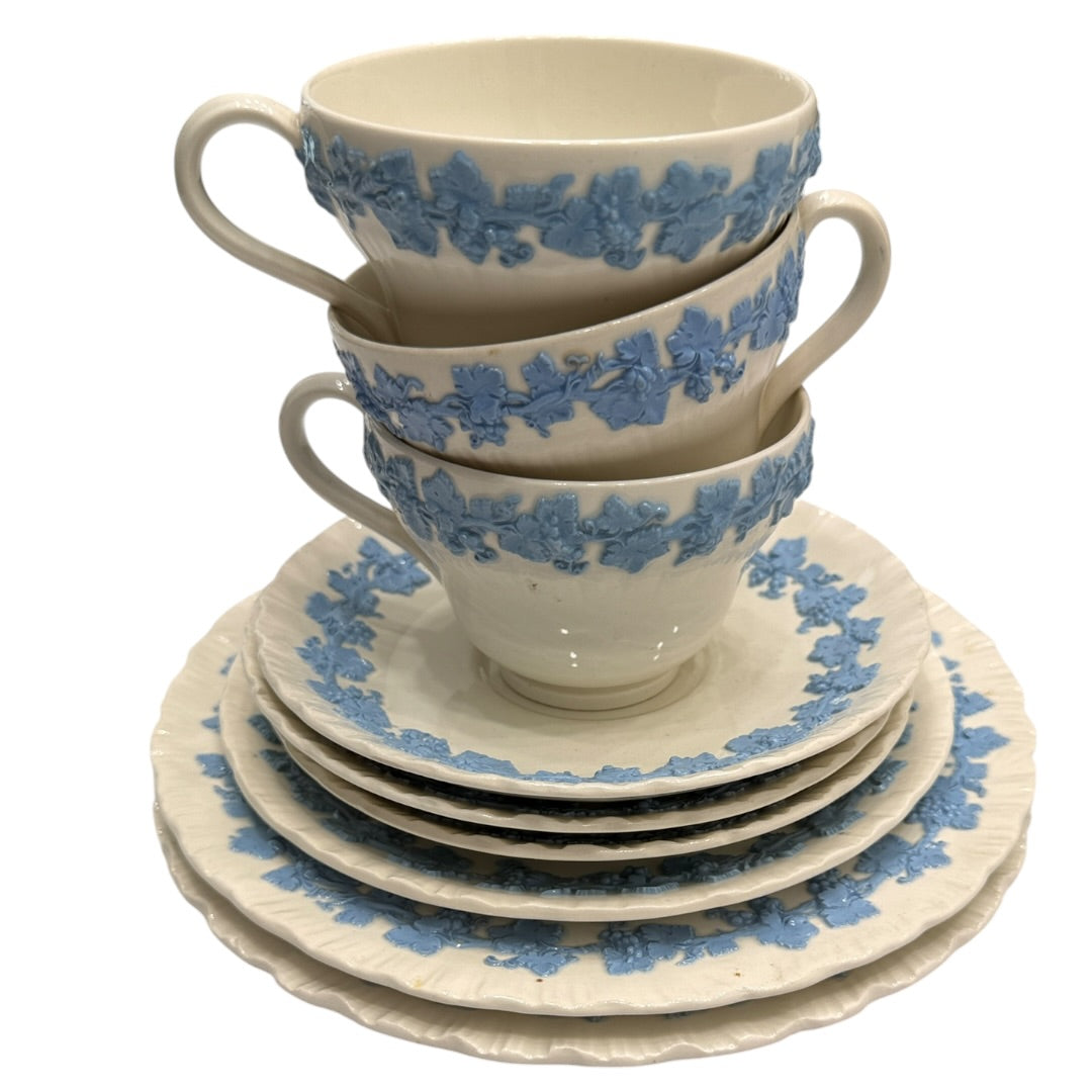 Wedgwood Blue & White Floral Queens Ware 9pc Set England
