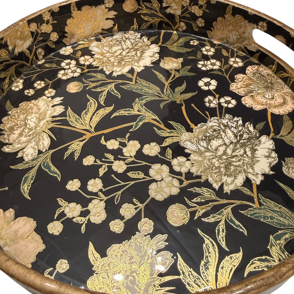 Black & Gold Floral Jewelry Holder Counter Decor Tray