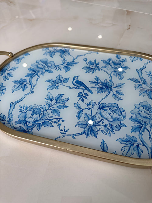 Blue Gold Floral Bird Nature Tray