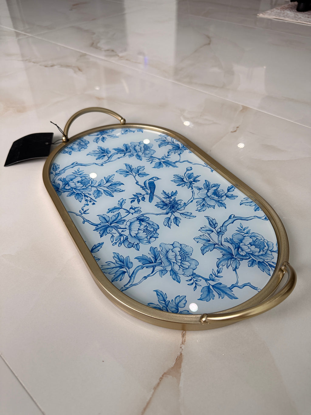 Blue Gold Floral Bird Nature Tray