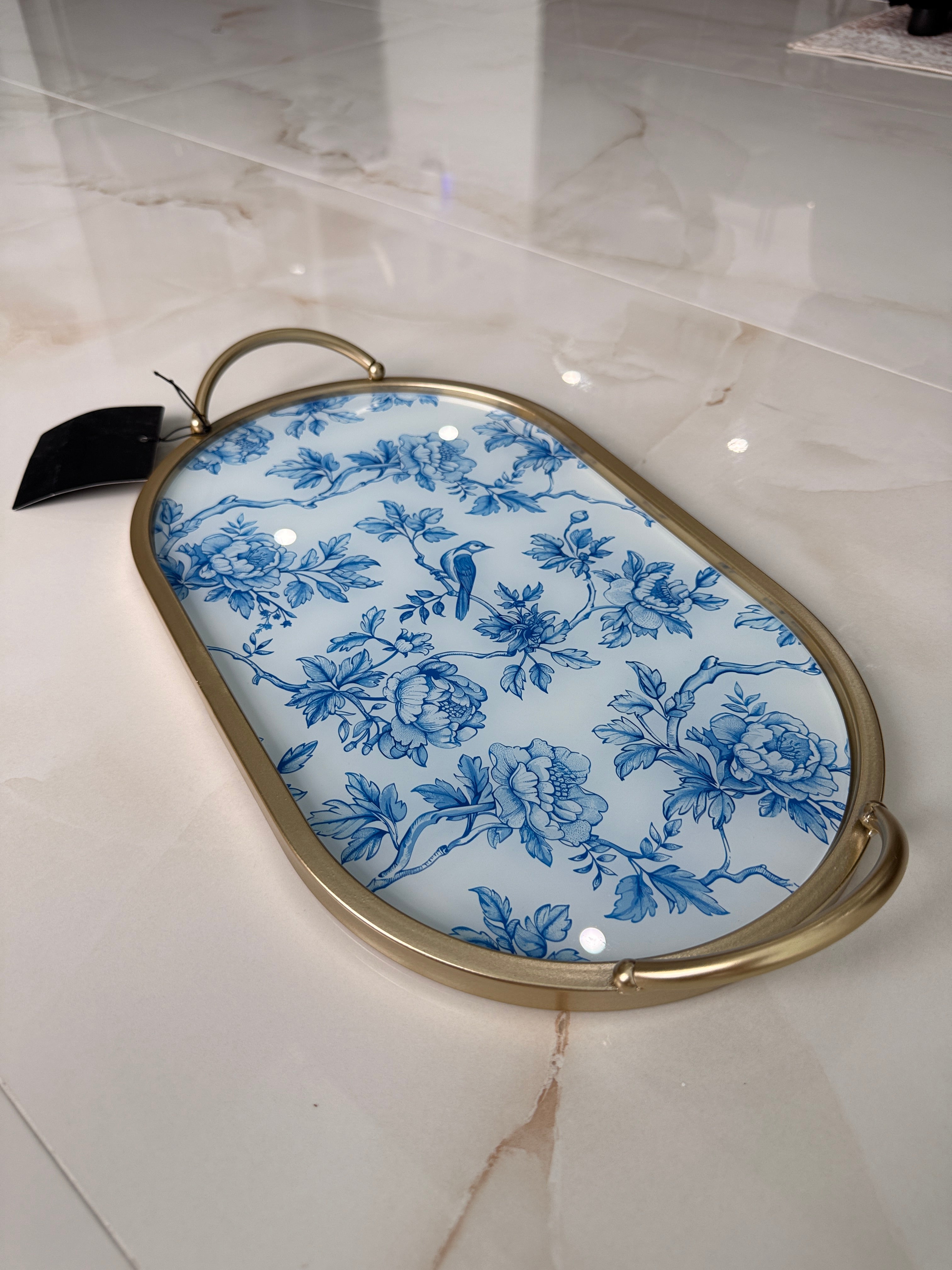 Blue Gold Floral Bird Nature Tray