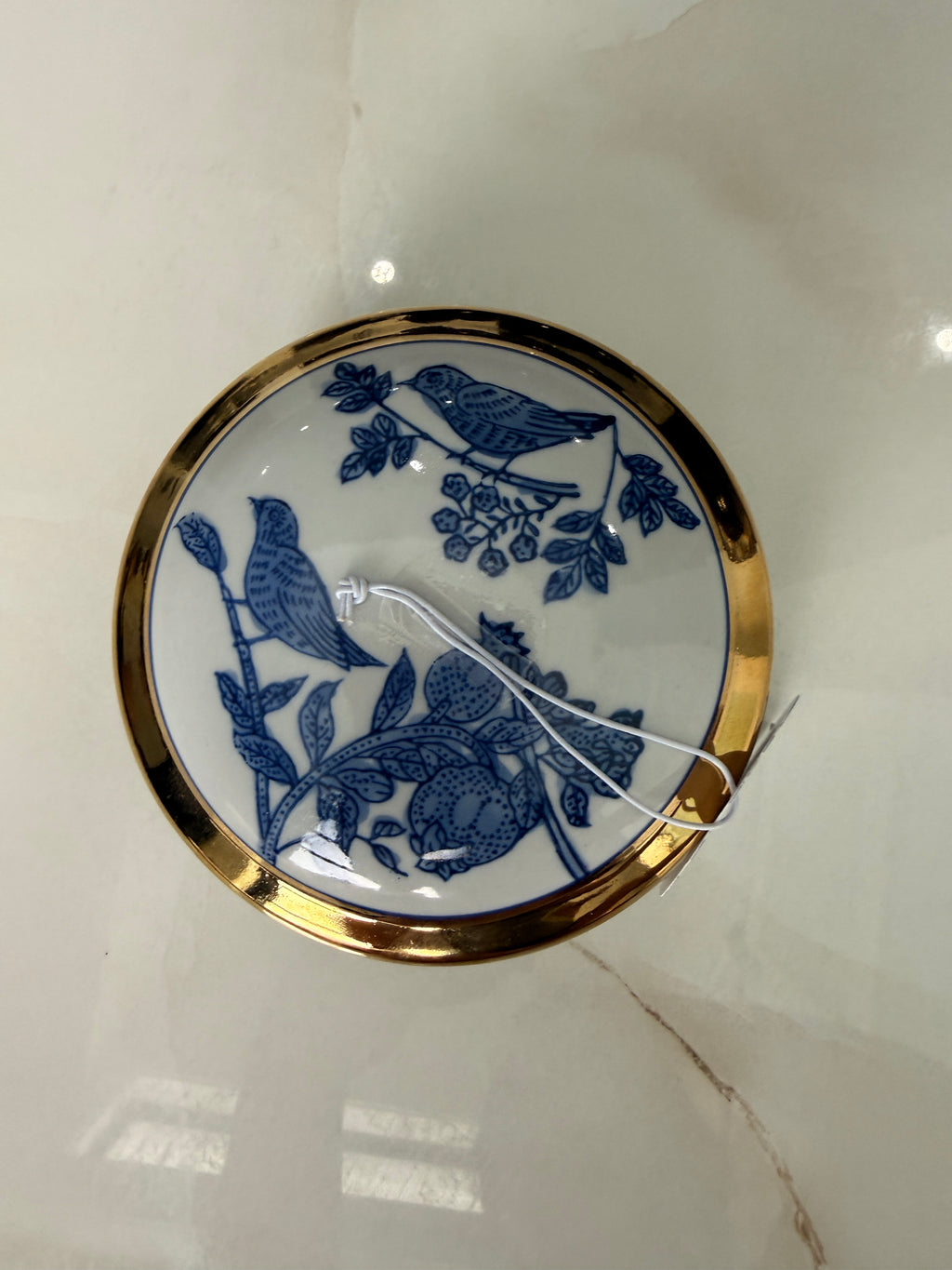 Bird Blue Ceramic Jewelry Jar Gold