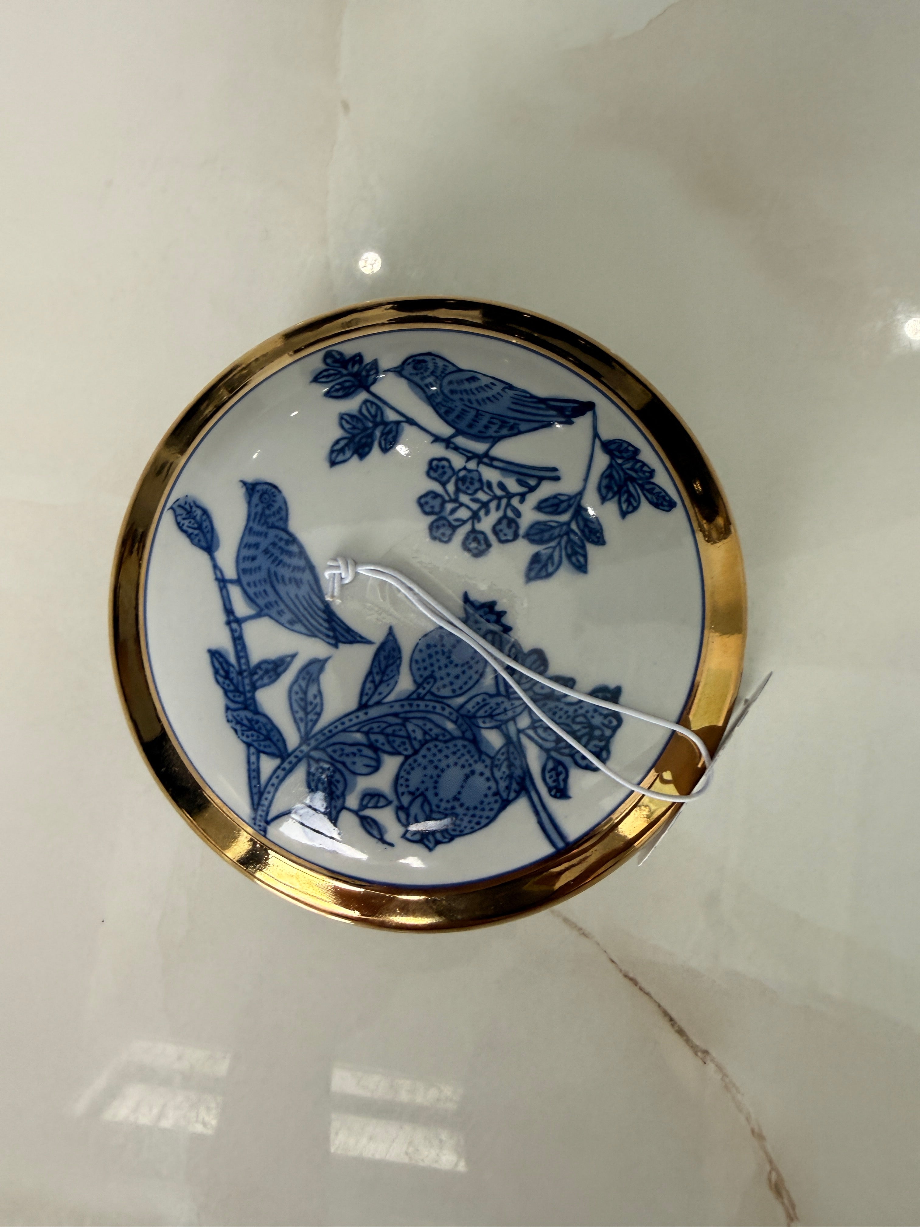 Bird Blue Ceramic Jewelry Jar Gold