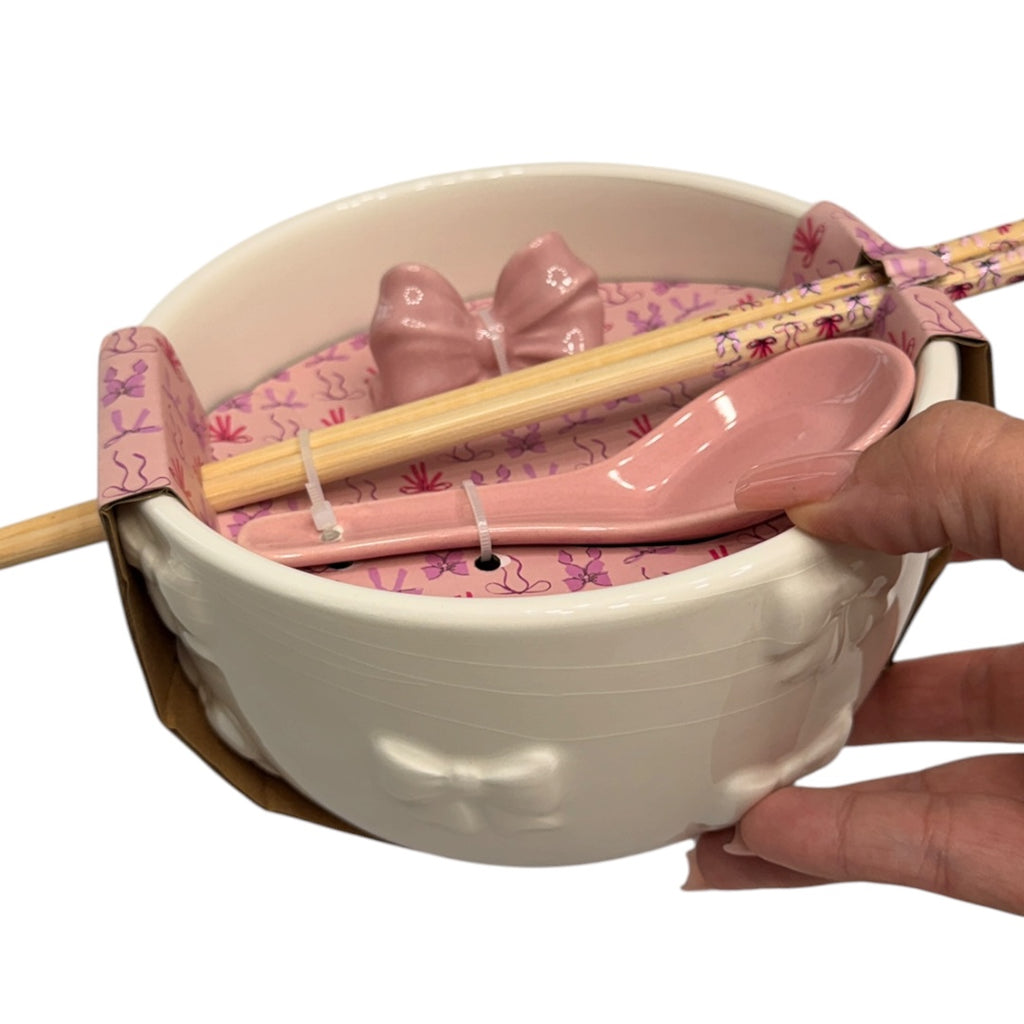 Pink Bow Ramen Noodle Bowl 4pc with Chopsticks & Spoon