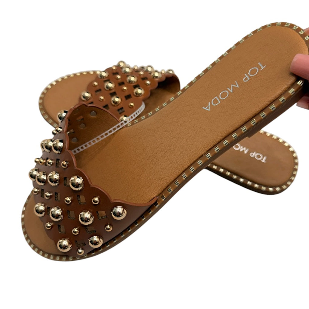 Gold & Brown Studded Beaded Sandals Size 7.5