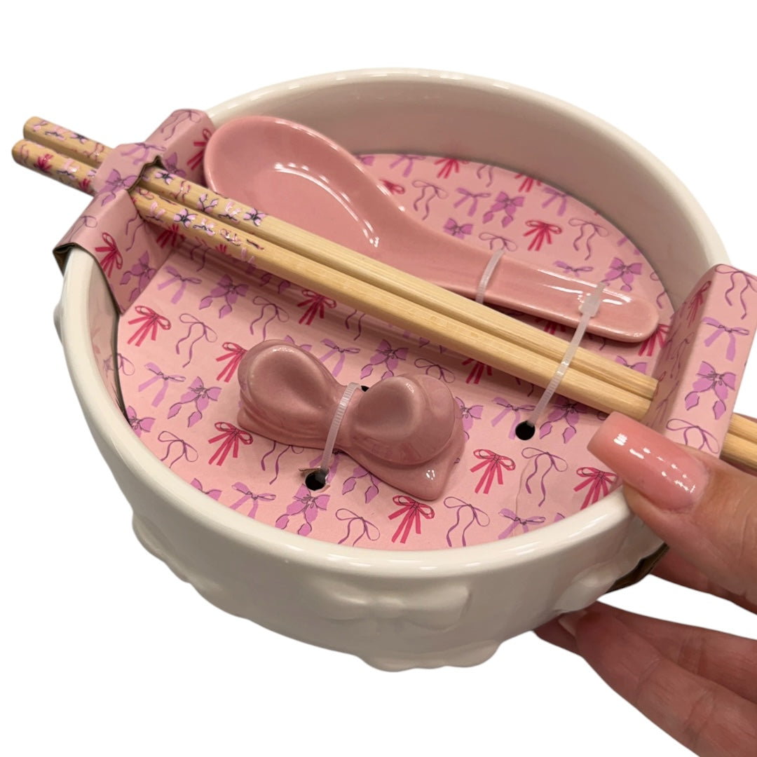 Pink Bow Ramen Noodle Bowl 4pc with Chopsticks & Spoon