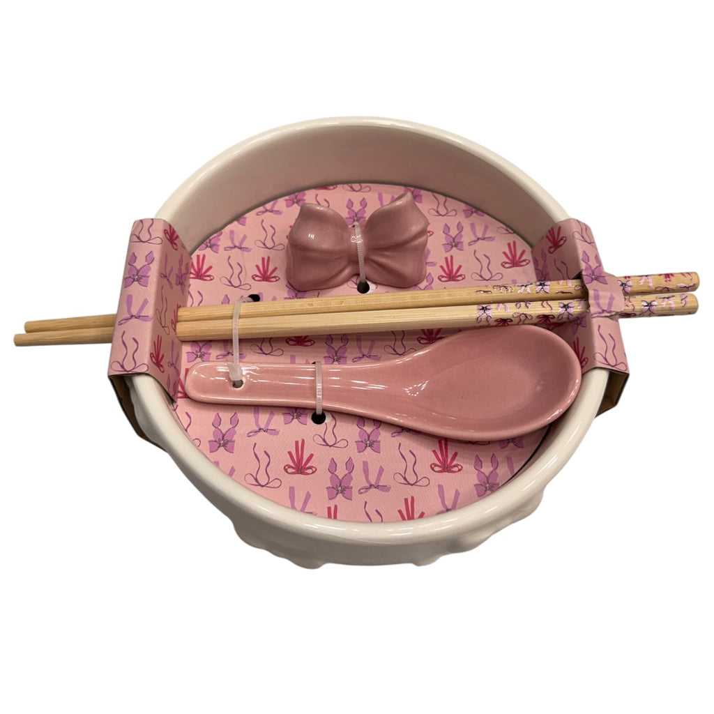 Pink Bow Ramen Noodle Bowl 4pc with Chopsticks & Spoon