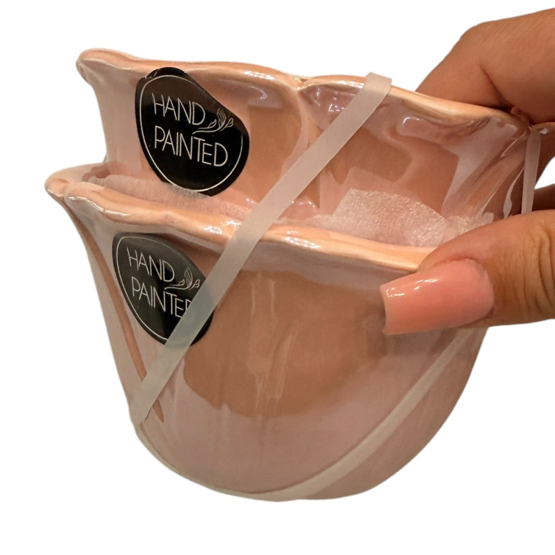 Hand Painted Pink Jewelry Makeup Bathroom Vanity Flower Bowls Set of 2