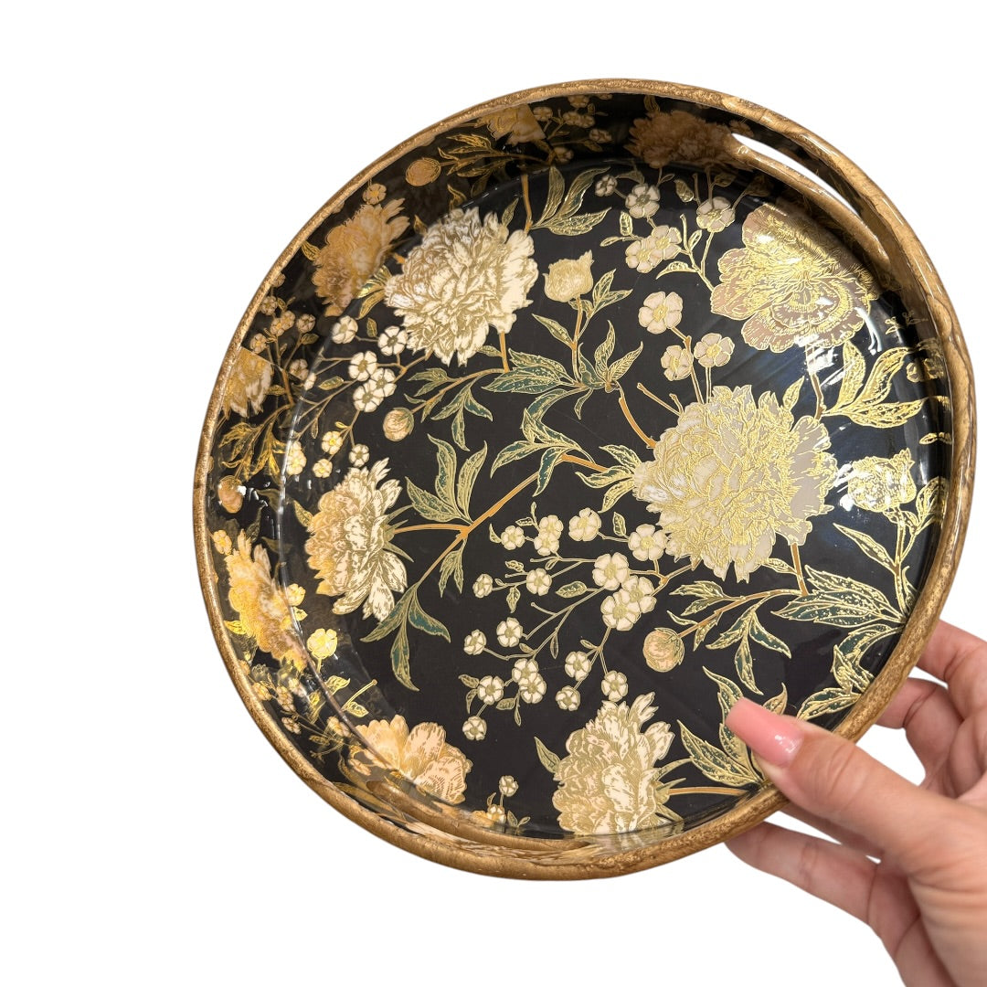 Black & Gold Floral Jewelry Holder Counter Decor Tray