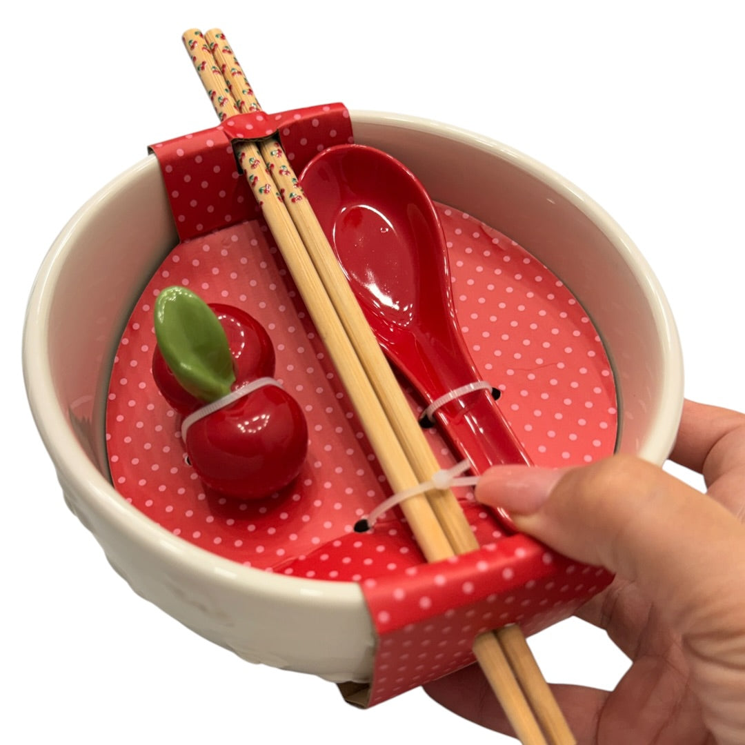 Cherry Ramen Noodle Bowl with Chopsticks & Spoon 4pc