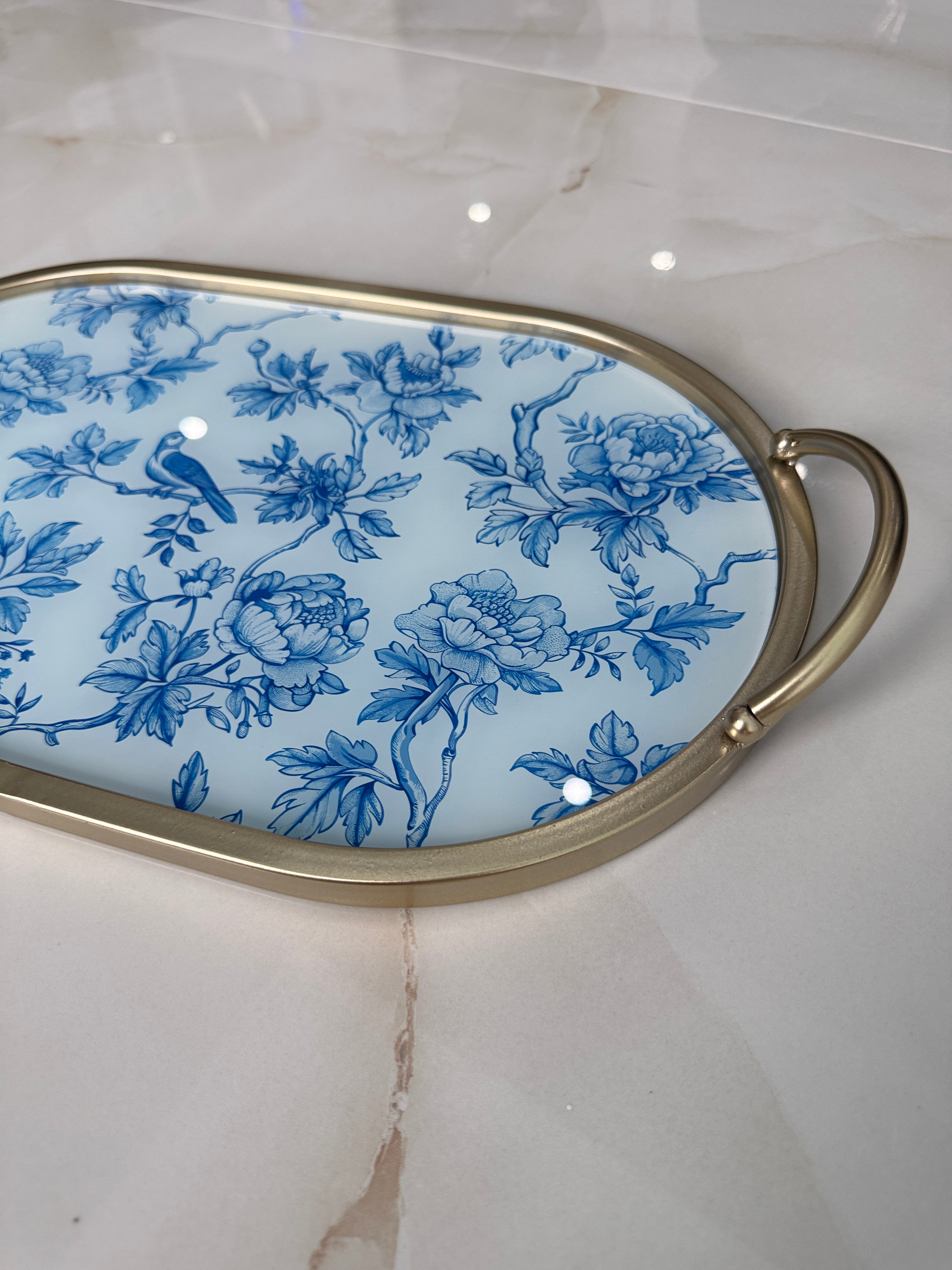 Blue Gold Floral Bird Nature Tray