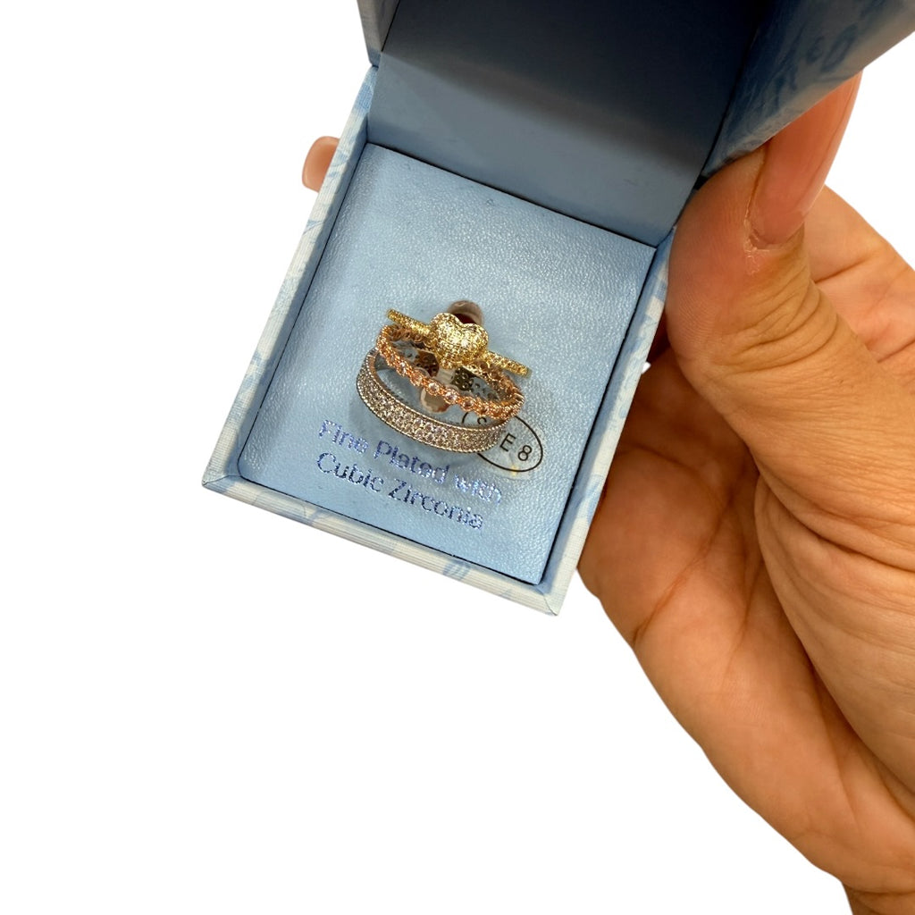 Tri Colors Heart Rings 3 Piece Set Size 8