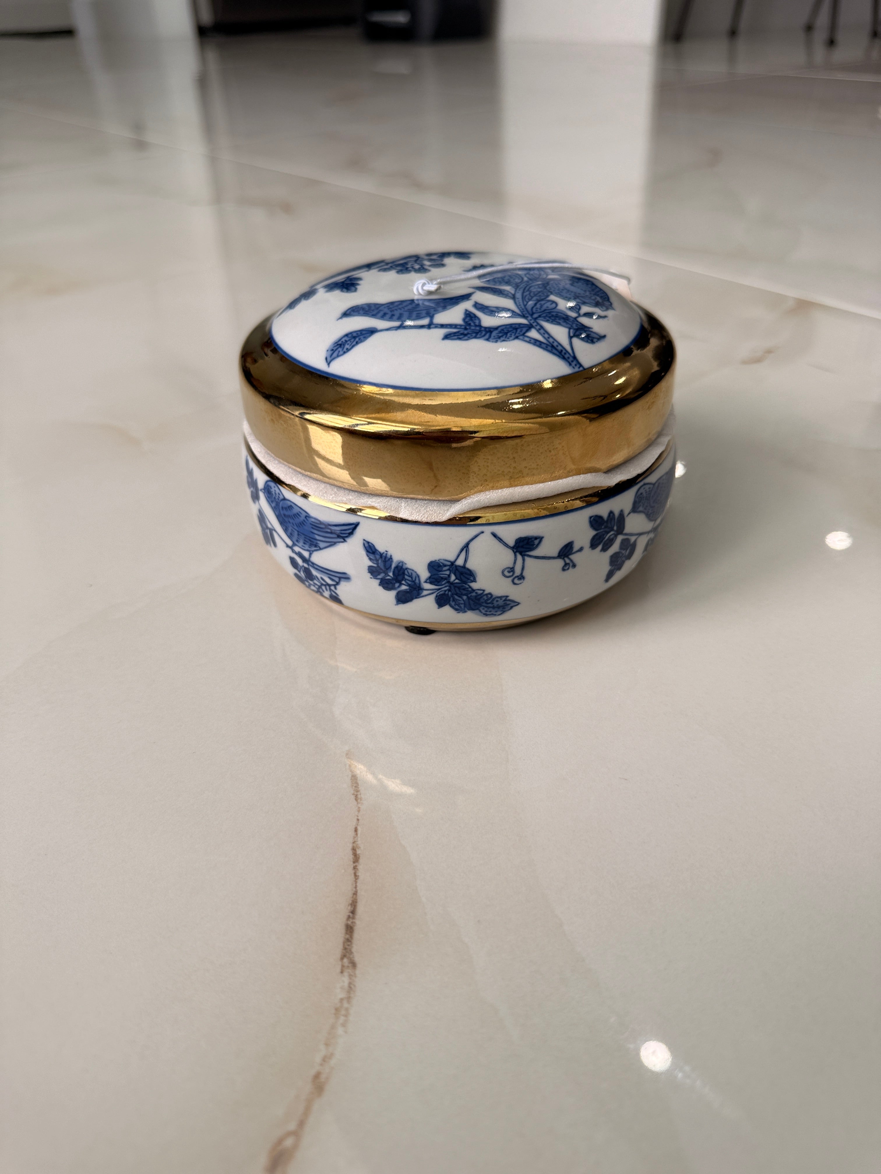 Bird Blue Ceramic Jewelry Jar Gold