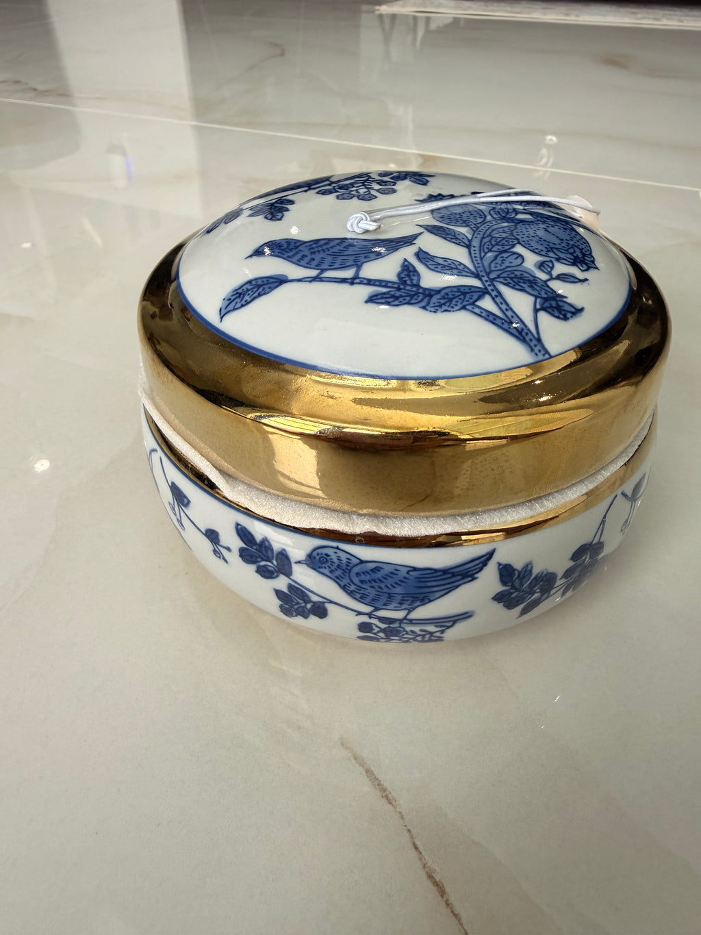 Bird Blue Ceramic Jewelry Jar Gold