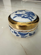 Bird Blue Ceramic Jewelry Jar Gold