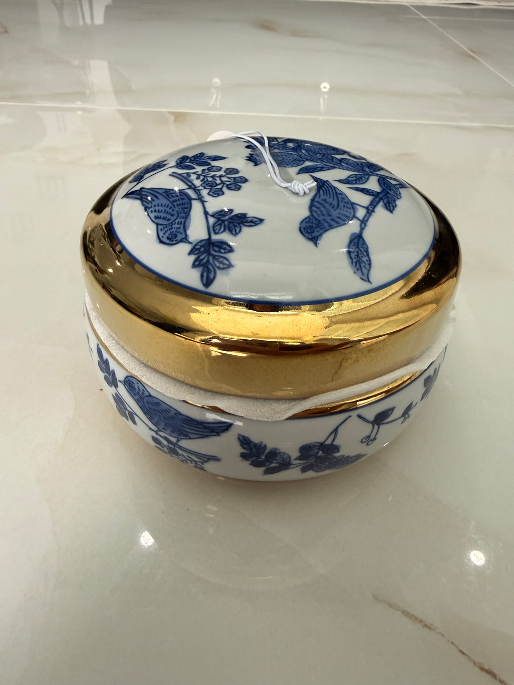 Bird Blue Ceramic Jewelry Jar Gold