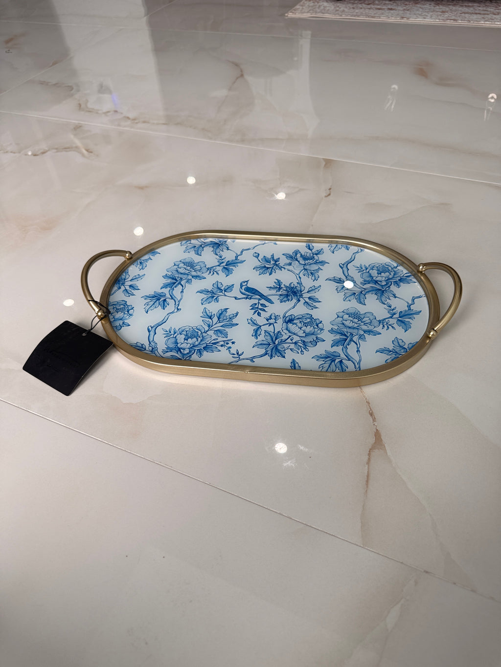 Blue Gold Floral Bird Nature Tray