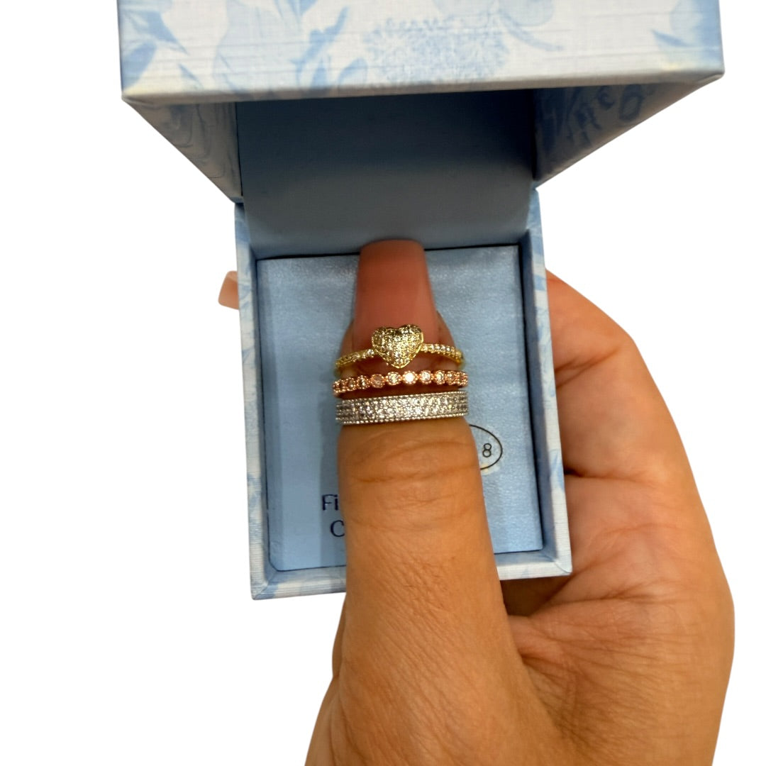 Tri Colors Heart Rings 3 Piece Set Size 8