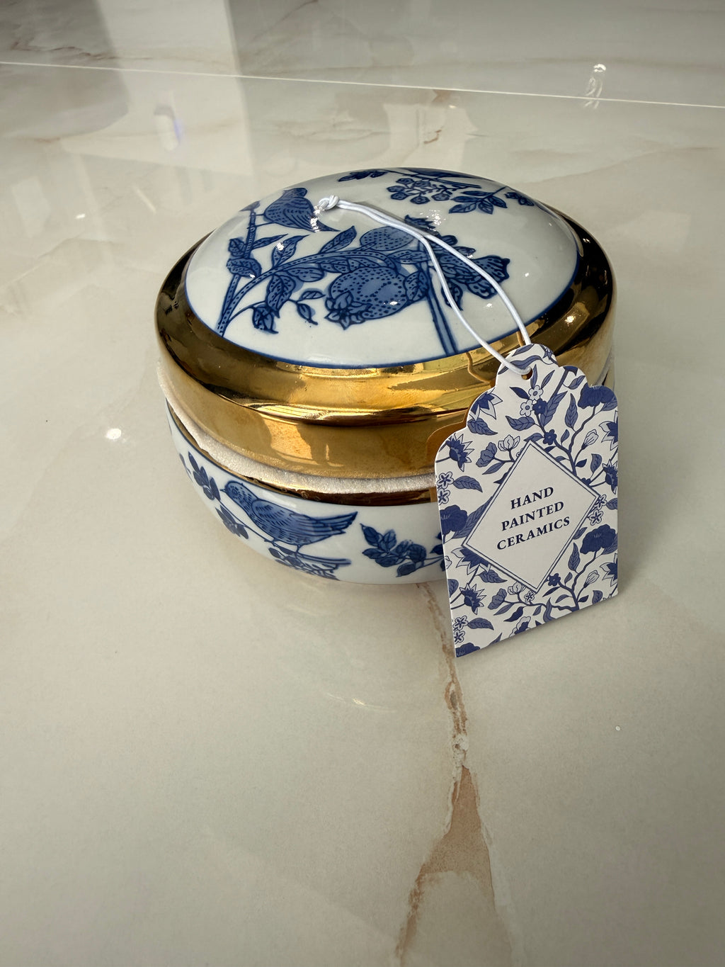 Bird Blue Ceramic Jewelry Jar Gold