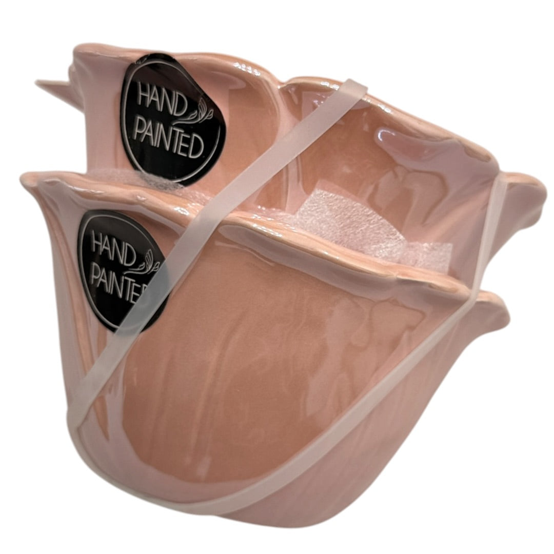 Hand Painted Pink Jewelry Makeup Bathroom Vanity Flower Bowls Set of 2