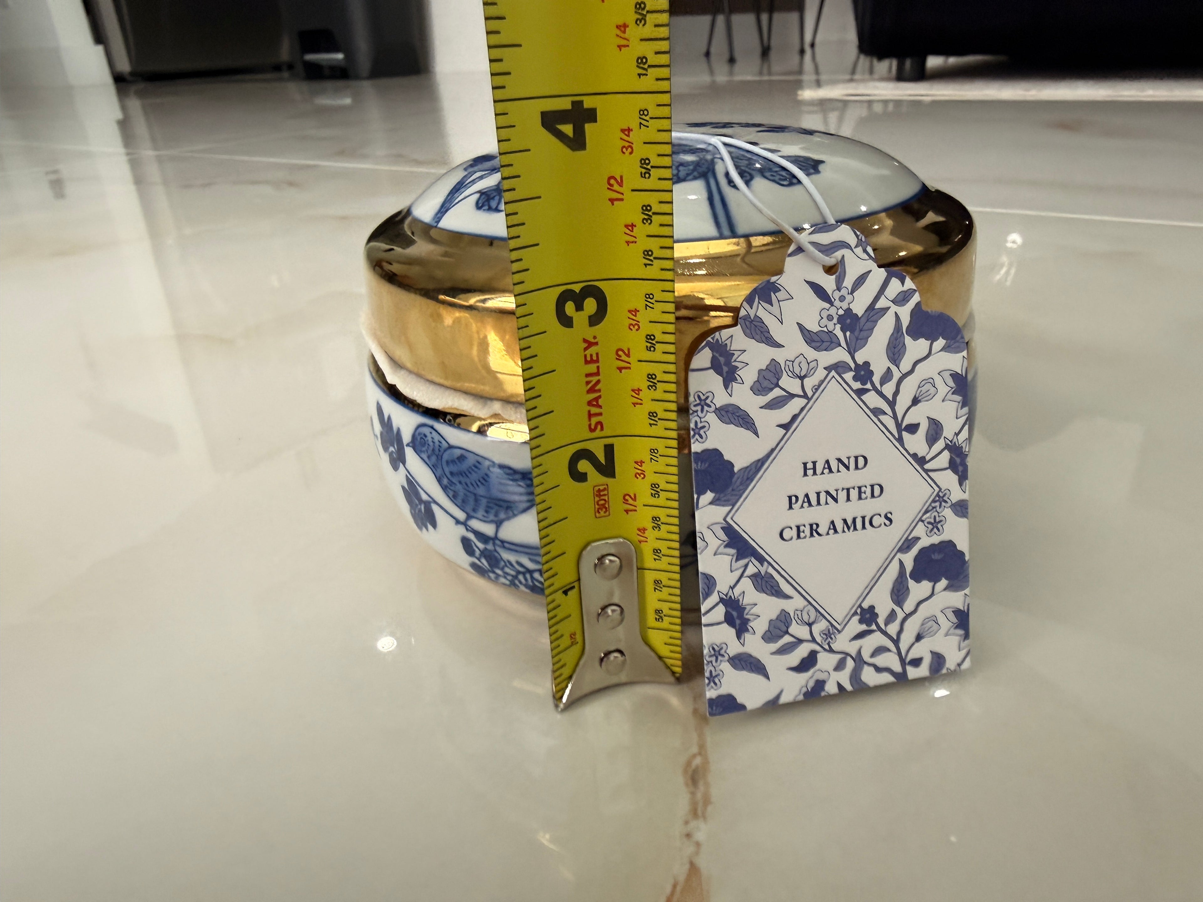 Bird Blue Ceramic Jewelry Jar Gold