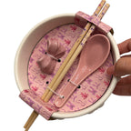 Pink Bow Ramen Noodle Bowl 4pc with Chopsticks & Spoon