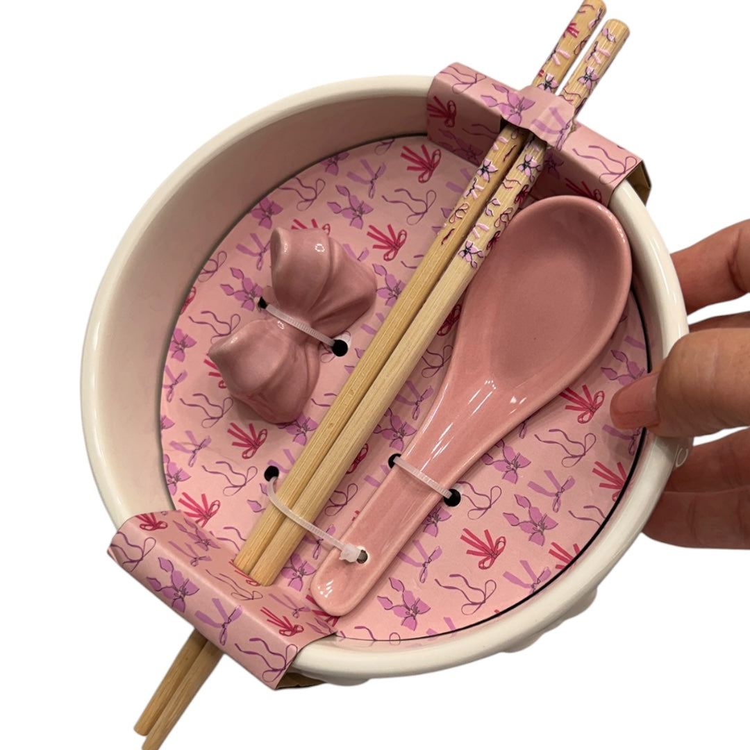 Pink Bow Ramen Noodle Bowl 4pc with Chopsticks & Spoon